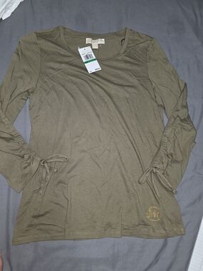 Michael Kors Olive Green Long Sleeve Tie-Sleeve Top with Gold Logo